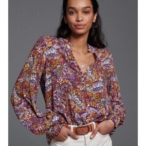 Maeve Geometric Ruffle Cinched Button Collar Blouse Top Balloon Sleeve Size S